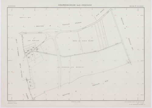 COURDIMANCHE-SUR-ESSONNE, plans minutes de conservation : tableau d'assemblage, 1934, Ech. 1/5000 ; plans des sections A1, A2, C1, C2, 1934, Ech. 1/1250, section D1, 1934, Ech. 1/2500, sections W, X, 1955, Ech. 1/2500, sections Y, Z, 1955, Ech. 1/1250, se
