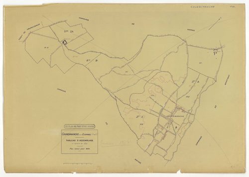 Plans minutes de conservation : COURDIMANCHE-SUR-ESSONNE : tableau d'assemblage n°1, ech. 1/5000 (1934), sections A1, A2, B (2 feuillets), C1, C2, ech. 1/1250, sections D1, D2, ech. 1/2500 (1934) ; sections W, X, ech. 1/2500, sections Y, Z, ech. 1/1250 (1