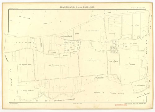 Plans minutes de conservation : COURDIMANCHE-SUR-ESSONNE : tableau d'assemblage n°1, ech. 1/5000 (1934), sections A1, A2, B (2 feuillets), C1, C2, ech. 1/1250, sections D1, D2, ech. 1/2500 (1934) ; sections W, X, ech. 1/2500, sections Y, Z, ech. 1/1250 (1