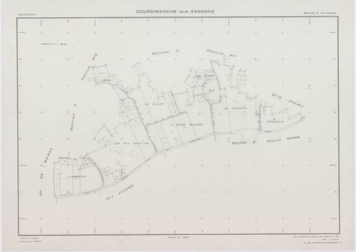 COURDIMANCHE-SUR-ESSONNE, plans minutes de conservation : tableau d'assemblage, 1934, Ech. 1/5000 ; plans des sections A1, A2, C1, C2, 1934, Ech. 1/1250, section D1, 1934, Ech. 1/2500, sections W, X, 1955, Ech. 1/2500, sections Y, Z, 1955, Ech. 1/1250, se