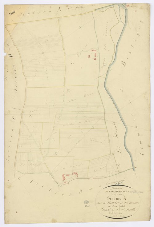 COURDIMANCHE-SUR-ESSONNE. - Section A - Bellébat et des Marais (de), 2, ech. 1/1250, coul., aquarelle, papier, 96x67 (1815). 