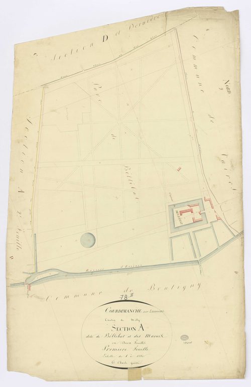 COURDIMANCHE-SUR-ESSONNE. - Section A - Bellébat et des Marais (de), 1, ech. 1/1250, coul., aquarelle, papier, 100x67 (1815). 