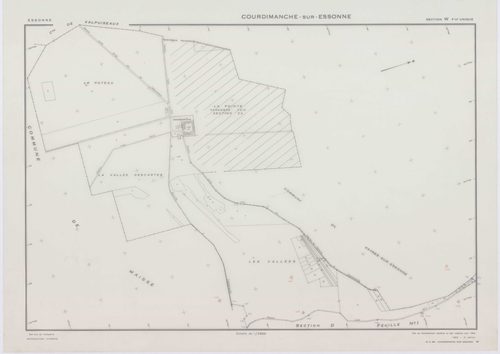 COURDIMANCHE-SUR-ESSONNE, plans minutes de conservation : tableau d'assemblage, 1934, Ech. 1/5000 ; plans des sections A1, A2, C1, C2, 1934, Ech. 1/1250, section D1, 1934, Ech. 1/2500, sections W, X, 1955, Ech. 1/2500, sections Y, Z, 1955, Ech. 1/1250, se