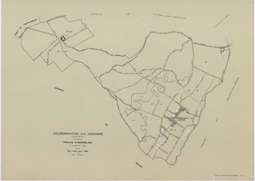 COURDIMANCHE-SUR-ESSONNE, plans minutes de conservation : tableau d'assemblage, 1934, Ech. 1/5000 ; plans des sections A1, A2, C1, C2, 1934, Ech. 1/1250, section D1, 1934, Ech. 1/2500, sections W, X, 1955, Ech. 1/2500, sections Y, Z, 1955, Ech. 1/1250, se