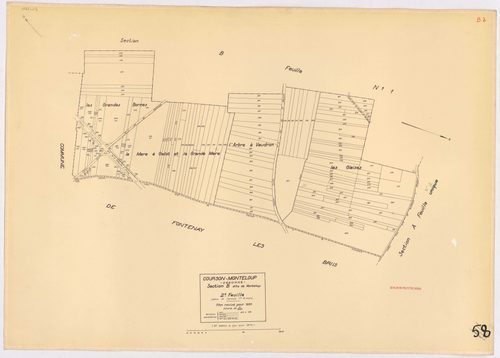 COURSON-MONTELOUP. - Plan révisé pour 1933, à jour pour 1974 (2ème édition) : plans du tableau d'assemblage, des sections A dite du Château (feuilles 1-2), B dite de Monteloup (feuilles 1-2) et C dite des Gloriettes. [6 plans]. 