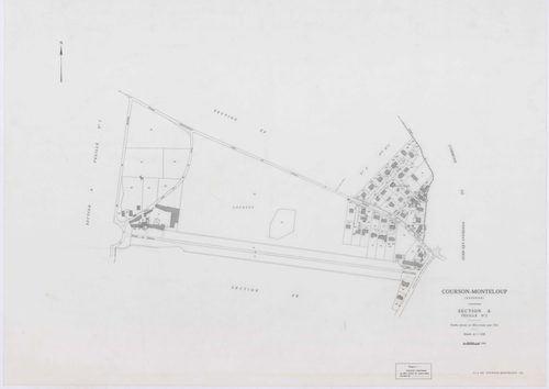 COURSON-MONTELOUP, plans minutes de conservation : tableau d'assemblage,1933, Ech. 1/10000 ; plans des sections A1, C, 1933, Ech. 1/2500, sections A1, C, 1933, Ech. 1/2500, sections ZA, ZB, ZC, ZD, ZE, 1993, Ech. 1/2000. Polyester. N et B. Dim. 105 x 80 c