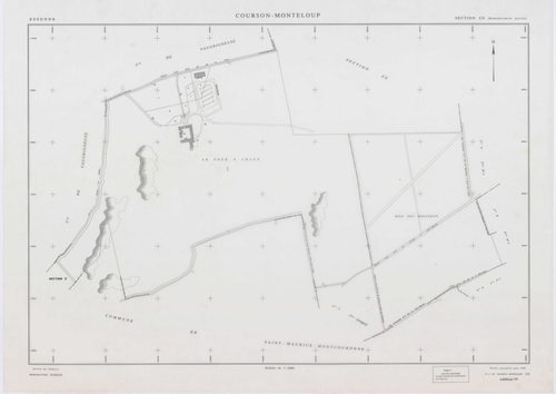 COURSON-MONTELOUP, plans minutes de conservation : tableau d'assemblage,1933, Ech. 1/10000 ; plans des sections A1, C, 1933, Ech. 1/2500, sections A1, C, 1933, Ech. 1/2500, sections ZA, ZB, ZC, ZD, ZE, 1993, Ech. 1/2000. Polyester. N et B. Dim. 105 x 80 c