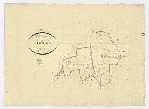 COURSON-MONTELOUP. - Plan d'assemblage, ech. 1/10000, coul., aquarelle, papier, 48x66 (sd). 