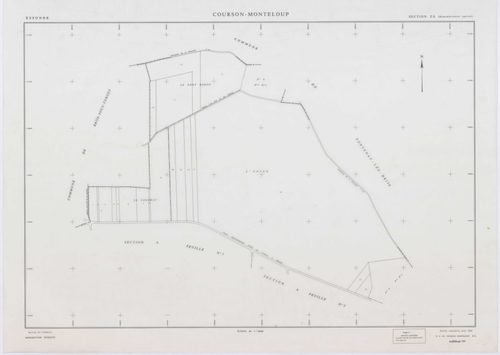 COURSON-MONTELOUP, plans minutes de conservation : tableau d'assemblage,1933, Ech. 1/10000 ; plans des sections A1, C, 1933, Ech. 1/2500, sections A1, C, 1933, Ech. 1/2500, sections ZA, ZB, ZC, ZD, ZE, 1993, Ech. 1/2000. Polyester. N et B. Dim. 105 x 80 c