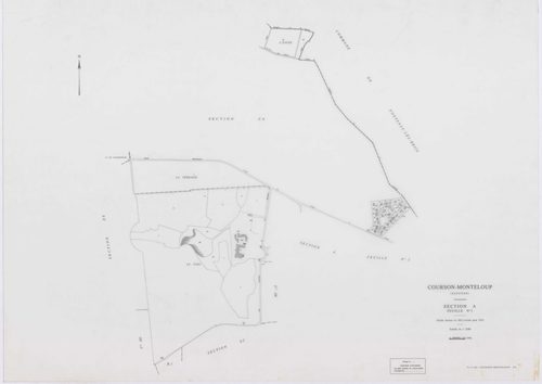 COURSON-MONTELOUP, plans minutes de conservation : tableau d'assemblage,1933, Ech. 1/10000 ; plans des sections A1, C, 1933, Ech. 1/2500, sections A1, C, 1933, Ech. 1/2500, sections ZA, ZB, ZC, ZD, ZE, 1993, Ech. 1/2000. Polyester. N et B. Dim. 105 x 80 c