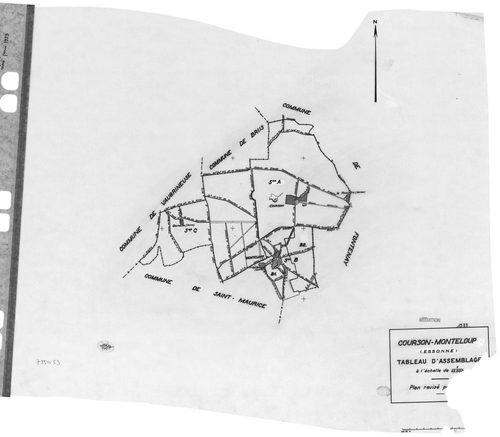COURSON-MONTELOUP.- Cadastre révisé pour 1933 : plan du tableau d'assemblage, plans de la section A le Château, section B Monteloup 1ère feuille, idem 2ème feuille, [4 plans]. 