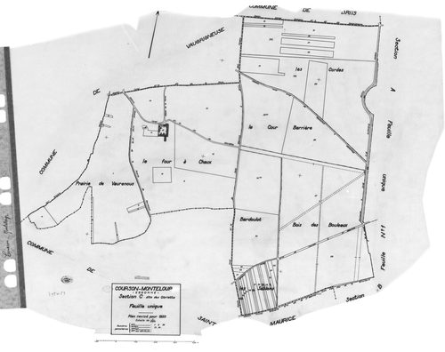 COURSON-MONTELOUP.- Cadastre révisé pour 1933 : plan du tableau d'assemblage, plans de la section A le Château, section B Monteloup 1ère feuille, idem 2ème feuille, [4 plans]. 