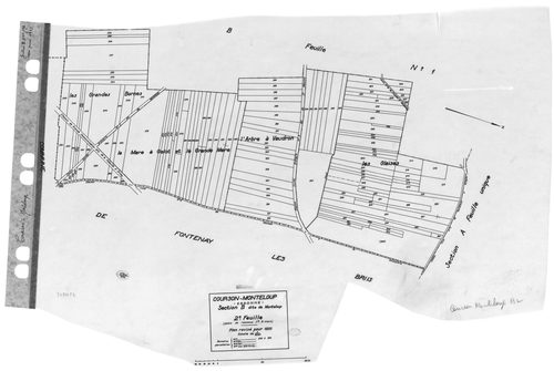 COURSON-MONTELOUP.- Cadastre révisé pour 1933 : plan du tableau d'assemblage, plans de la section A le Château, section B Monteloup 1ère feuille, idem 2ème feuille, [4 plans]. 