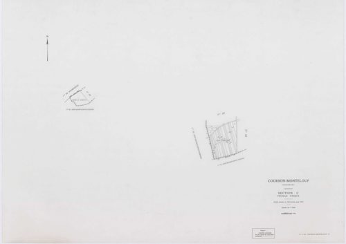COURSON-MONTELOUP, plans minutes de conservation : tableau d'assemblage,1933, Ech. 1/10000 ; plans des sections A1, C, 1933, Ech. 1/2500, sections A1, C, 1933, Ech. 1/2500, sections ZA, ZB, ZC, ZD, ZE, 1993, Ech. 1/2000. Polyester. N et B. Dim. 105 x 80 c