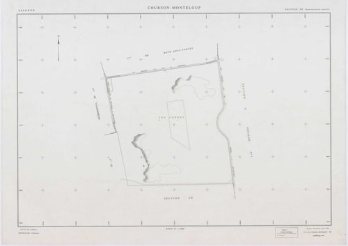 COURSON-MONTELOUP, plans minutes de conservation : tableau d'assemblage,1933, Ech. 1/10000 ; plans des sections A1, C, 1933, Ech. 1/2500, sections A1, C, 1933, Ech. 1/2500, sections ZA, ZB, ZC, ZD, ZE, 1993, Ech. 1/2000. Polyester. N et B. Dim. 105 x 80 c
