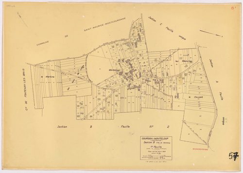 COURSON-MONTELOUP. - Plan révisé pour 1933, à jour pour 1974 (2ème édition) : plans du tableau d'assemblage, des sections A dite du Château (feuilles 1-2), B dite de Monteloup (feuilles 1-2) et C dite des Gloriettes. [6 plans]. 