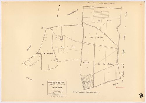 COURSON-MONTELOUP. - Plan révisé pour 1933, à jour pour 1974 (2ème édition) : plans du tableau d'assemblage, des sections A dite du Château (feuilles 1-2), B dite de Monteloup (feuilles 1-2) et C dite des Gloriettes. [6 plans]. 