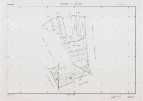 COURSON-MONTELOUP, plans minutes de conservation : tableau d'assemblage,1933, Ech. 1/10000 ; plans des sections A1, C, 1933, Ech. 1/2500, sections A1, C, 1933, Ech. 1/2500, sections ZA, ZB, ZC, ZD, ZE, 1993, Ech. 1/2000. Polyester. N et B. Dim. 105 x 80 c