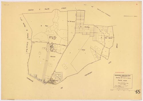 COURSON-MONTELOUP. - Plan révisé pour 1933, à jour pour 1974 (2ème édition) : plans du tableau d'assemblage, des sections A dite du Château (feuilles 1-2), B dite de Monteloup (feuilles 1-2) et C dite des Gloriettes. [6 plans]. 