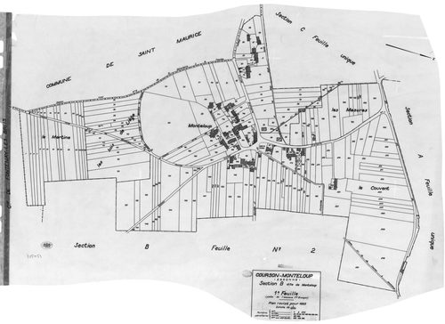 COURSON-MONTELOUP.- Cadastre révisé pour 1933 : plan du tableau d'assemblage, plans de la section A le Château, section B Monteloup 1ère feuille, idem 2ème feuille, [4 plans]. 