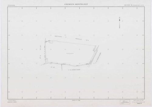 COURSON-MONTELOUP, plans minutes de conservation : tableau d'assemblage,1933, Ech. 1/10000 ; plans des sections A1, C, 1933, Ech. 1/2500, sections A1, C, 1933, Ech. 1/2500, sections ZA, ZB, ZC, ZD, ZE, 1993, Ech. 1/2000. Polyester. N et B. Dim. 105 x 80 c