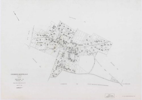 COURSON-MONTELOUP, plans minutes de conservation : tableau d'assemblage,1933, Ech. 1/10000 ; plans des sections A1, C, 1933, Ech. 1/2500, sections A1, C, 1933, Ech. 1/2500, sections ZA, ZB, ZC, ZD, ZE, 1993, Ech. 1/2000. Polyester. N et B. Dim. 105 x 80 c