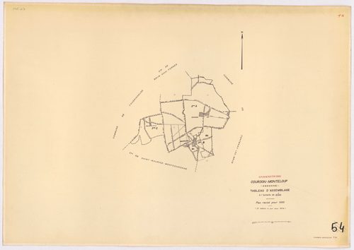 COURSON-MONTELOUP. - Plan révisé pour 1933, à jour pour 1974 (2ème édition) : plans du tableau d'assemblage, des sections A dite du Château (feuilles 1-2), B dite de Monteloup (feuilles 1-2) et C dite des Gloriettes. [6 plans]. 