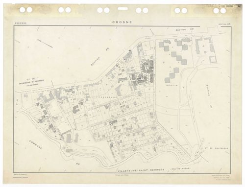 CROSNE, plans minutes de conservation : tableau d'assemblage,1983, Ech. 1/5000 ; plans des sections AC, AD, AE, AH, AI, AK, 1958, Ech. 1/1000, section AB, 1958, Ech. 1/2000. Polyester. N et B. Dim. 105 x 80 cm [8 plans]. 