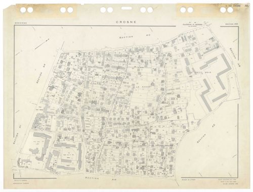 CROSNE, plans minutes de conservation : tableau d'assemblage,1983, Ech. 1/5000 ; plans des sections AC, AD, AE, AH, AI, AK, 1958, Ech. 1/1000, section AB, 1958, Ech. 1/2000. Polyester. N et B. Dim. 105 x 80 cm [8 plans]. 