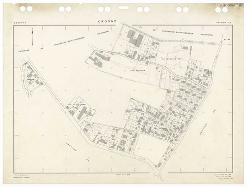 CROSNE, plans minutes de conservation : tableau d'assemblage,1983, Ech. 1/5000 ; plans des sections AC, AD, AE, AH, AI, AK, 1958, Ech. 1/1000, section AB, 1958, Ech. 1/2000. Polyester. N et B. Dim. 105 x 80 cm [8 plans]. 