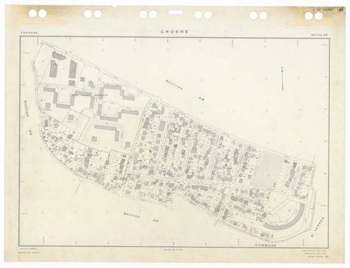 CROSNE, plans minutes de conservation : tableau d'assemblage,1983, Ech. 1/5000 ; plans des sections AC, AD, AE, AH, AI, AK, 1958, Ech. 1/1000, section AB, 1958, Ech. 1/2000. Polyester. N et B. Dim. 105 x 80 cm [8 plans]. 