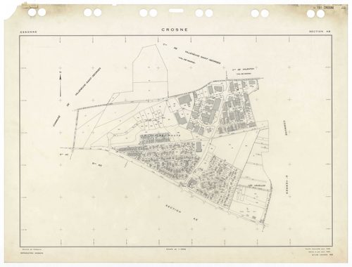 CROSNE, plans minutes de conservation : tableau d'assemblage,1983, Ech. 1/5000 ; plans des sections AC, AD, AE, AH, AI, AK, 1958, Ech. 1/1000, section AB, 1958, Ech. 1/2000. Polyester. N et B. Dim. 105 x 80 cm [8 plans]. 