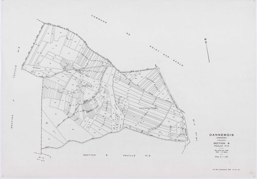 DANNEMOIS, plans minutes de conservation : tableau d'assemblage, 1935, Ech. 1/10000 ; plans des sections A1, A2, A3, A4, B2, B3, C1, C2, D, E, F1, F2, 1935, Ech. 1/1250, sections G, H, 1935, Ech. 1/2500, section ZA, 1966, Ech. 1/2000, sections ZB, ZC, ZD,