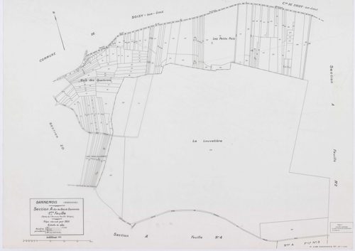 DANNEMOIS, plans minutes de conservation : tableau d'assemblage, 1935, Ech. 1/10000 ; plans des sections A1, A2, A3, A4, B2, B3, C1, C2, D, E, F1, F2, 1935, Ech. 1/1250, sections G, H, 1935, Ech. 1/2500, section ZA, 1966, Ech. 1/2000, sections ZB, ZC, ZD,
