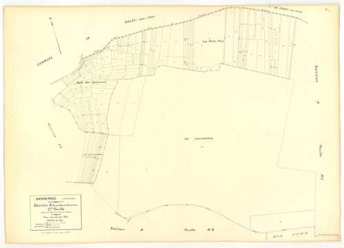 Plans minutes de conservation : DANNEMOIS : tableau d'assemblage, ech. 1/10000 (1935), sections A1, A2, A3, A4, B2, B3, C1, C2, D, E, F1, F2, ech. 1/1250 (1935), section G, ech. 1/2500 (1933-1974), sections G, H, ech. 1/2500 (1935), section ZA, ech. 1/200