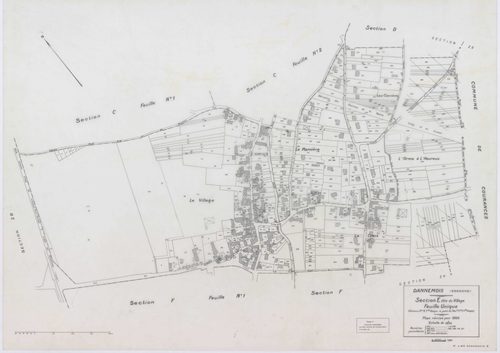 DANNEMOIS, plans minutes de conservation : tableau d'assemblage, 1935, Ech. 1/10000 ; plans des sections A1, A2, A3, A4, B2, B3, C1, C2, D, E, F1, F2, 1935, Ech. 1/1250, sections G, H, 1935, Ech. 1/2500, section ZA, 1966, Ech. 1/2000, sections ZB, ZC, ZD,