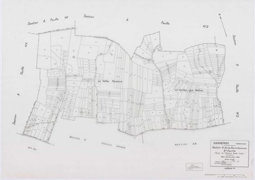DANNEMOIS, plans minutes de conservation : tableau d'assemblage, 1935, Ech. 1/10000 ; plans des sections A1, A2, A3, A4, B2, B3, C1, C2, D, E, F1, F2, 1935, Ech. 1/1250, sections G, H, 1935, Ech. 1/2500, section ZA, 1966, Ech. 1/2000, sections ZB, ZC, ZD,