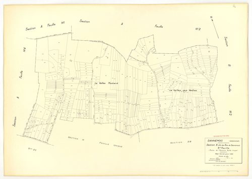 Plans minutes de conservation : DANNEMOIS : tableau d'assemblage, ech. 1/10000 (1935), sections A1, A2, A3, A4, B2, B3, C1, C2, D, E, F1, F2, ech. 1/1250 (1935), section G, ech. 1/2500 (1933-1974), sections G, H, ech. 1/2500 (1935), section ZA, ech. 1/200