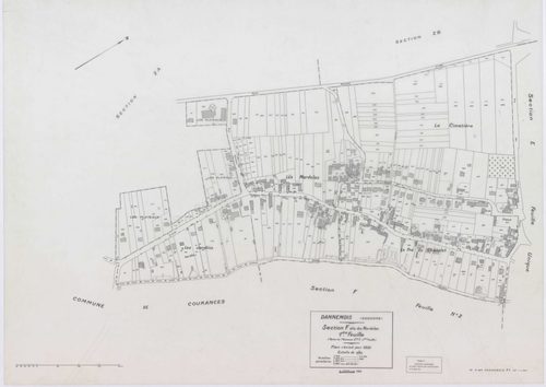 DANNEMOIS, plans minutes de conservation : tableau d'assemblage, 1935, Ech. 1/10000 ; plans des sections A1, A2, A3, A4, B2, B3, C1, C2, D, E, F1, F2, 1935, Ech. 1/1250, sections G, H, 1935, Ech. 1/2500, section ZA, 1966, Ech. 1/2000, sections ZB, ZC, ZD,