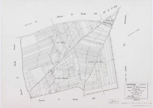 DANNEMOIS, plans minutes de conservation : tableau d'assemblage, 1935, Ech. 1/10000 ; plans des sections A1, A2, A3, A4, B2, B3, C1, C2, D, E, F1, F2, 1935, Ech. 1/1250, sections G, H, 1935, Ech. 1/2500, section ZA, 1966, Ech. 1/2000, sections ZB, ZC, ZD,