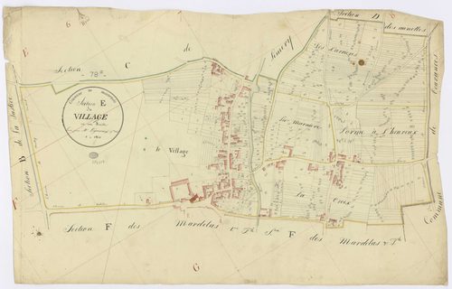 DANNEMOIS. - Section E - du Village, ech. 1/1250, coul., aquarelle, papier, 66x101 (1816). 
