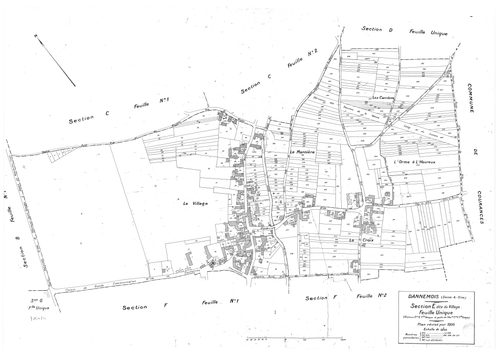 DANNEMOIS.- Cadastre révisé pour 1935 : plan du tableau d'assemblage, plans de la section A les Bois de Dannemois 1ère feuille, idem 3ème feuille, idem 4ème feuille, section B la Justice 1ère feuille, idem 2ème feuille, section C Limery 1ère feuille, sect