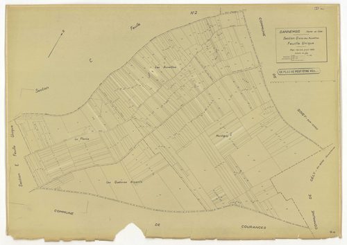 Plans minutes de conservation : DANNEMOIS : tableau d'assemblage, ech. 1/10000 (1935), sections A1, A2, A3, A4, B2, B3, C1, C2, D, E, F1, F2, ech. 1/1250 (1935), section G, ech. 1/2500 (1933-1974), sections G, H, ech. 1/2500 (1935), section ZA, ech. 1/200
