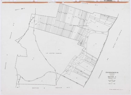 DANNEMOIS, plans minutes de conservation : tableau d'assemblage, 1935, Ech. 1/10000 ; plans des sections A1, A2, A3, A4, B2, B3, C1, C2, D, E, F1, F2, 1935, Ech. 1/1250, sections G, H, 1935, Ech. 1/2500, section ZA, 1966, Ech. 1/2000, sections ZB, ZC, ZD,