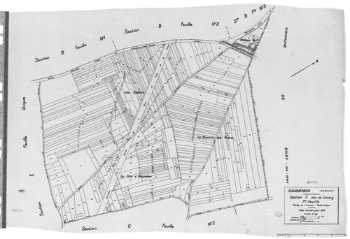 DANNEMOIS.- Cadastre révisé pour 1935 : plan du tableau d'assemblage, plans de la section A les Bois de Dannemois 1ère feuille, idem 3ème feuille, idem 4ème feuille, section B la Justice 1ère feuille, idem 2ème feuille, section C Limery 1ère feuille, sect