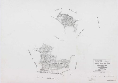 DANNEMOIS, plans minutes de conservation : tableau d'assemblage, 1935, Ech. 1/10000 ; plans des sections A1, A2, A3, A4, B2, B3, C1, C2, D, E, F1, F2, 1935, Ech. 1/1250, sections G, H, 1935, Ech. 1/2500, section ZA, 1966, Ech. 1/2000, sections ZB, ZC, ZD,