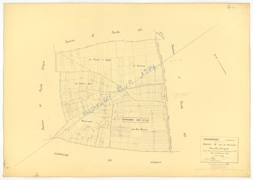 Plans minutes de conservation : DANNEMOIS : tableau d'assemblage, ech. 1/10000 (1935), sections A1, A2, A3, A4, B2, B3, C1, C2, D, E, F1, F2, ech. 1/1250 (1935), section G, ech. 1/2500 (1933-1974), sections G, H, ech. 1/2500 (1935), section ZA, ech. 1/200