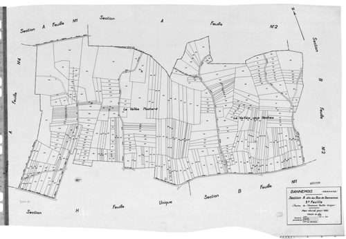 DANNEMOIS.- Cadastre révisé pour 1935 : plan du tableau d'assemblage, plans de la section A les Bois de Dannemois 1ère feuille, idem 3ème feuille, idem 4ème feuille, section B la Justice 1ère feuille, idem 2ème feuille, section C Limery 1ère feuille, sect