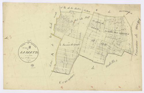 DANNEMOIS. - Section H - Blette (la), ech. 1/2500, coul., aquarelle, papier, 63x97 (1816). 