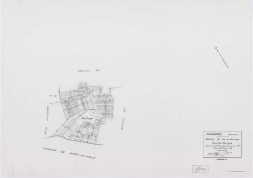 DANNEMOIS, plans minutes de conservation : tableau d'assemblage, 1935, Ech. 1/10000 ; plans des sections A1, A2, A3, A4, B2, B3, C1, C2, D, E, F1, F2, 1935, Ech. 1/1250, sections G, H, 1935, Ech. 1/2500, section ZA, 1966, Ech. 1/2000, sections ZB, ZC, ZD,